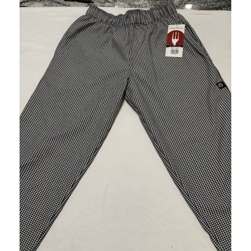 Chef Works Drawstring Pants Small Pockets Black White Check NEW with TAG